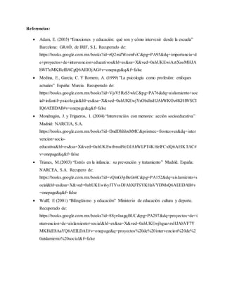 Referencias:
 Adam, E. (2003) “Emociones y educación: qué son y cómo intervenir desde la escuela”
Barcelona: GRAÓ, de IRIF, S.L. Recuperado de:
https://books.google.com.mx/books?id=rQ2mZWoznFcC&pg=PA95&dq=importancia+d
e+proyectos+de+intervencion+educativos&hl=es&sa=X&ved=0ahUKEwiAztXooMHJA
hWI7oMKHcfBACgQ6AEIOjAG#v=onepage&q&f=false
 Medina, E., García, C. Y Romero, A. (1999) ”La psicología como profesión: enfoques
actuales” España: Murcia. Recuperado de:
https://books.google.com.mx/books?id=VjsV5RsS5wkC&pg=PA76&dq=aislamiento+soc
ial+infantil+psicologia&hl=es&sa=X&ved=0ahUKEwjYsObdhsHJAhWKOz4KHfWSCI
IQ6AEIIDAB#v=onepage&q&f=false
 Mondragón, J. y Trigueros, I. (2004) “Intervención con menores: acción socioeducativa”
Madrid: NARCEA, S.A.
https://books.google.com.mx/books?id=DndDhhhx0tMC&printsec=frontcover&dq=inter
vencion+socio-
educativa&hl=es&sa=X&ved=0ahUKEwibnuiI9cDJAhWLPT4KHelFCxIQ6AEIKTAC#
v=onepage&q&f=false
 Trianes, M.(2003) “Estrés en la infancia: su prevención y tratamiento” Madrid. España:
NARCEA, S.A. Recupero de:
https://books.google.com.mx/books?id=vQmG3pBsGt4C&pg=PA152&dq=aislamiento+s
ocial&hl=es&sa=X&ved=0ahUKEwi6yJTYvsDJAhXJTSYKHaVYDMsQ6AEIIDAB#v
=onepage&q&f=false
 Wulff, E (2001) “Bilingüismo y educación” Ministerio de educación cultura y deporte.
Recuperado de:
https://books.google.com.mx/books?id=8Syr4sagqBUC&pg=PA297&dq=proyectos+de+i
ntervencion+de+aislamiento+social&hl=es&sa=X&ved=0ahUKEwjhguavrsHJAhVF7Y
MKHdE8AaYQ6AEILDAE#v=onepage&q=proyectos%20de%20intervencion%20de%2
0aislamiento%20social&f=false
 