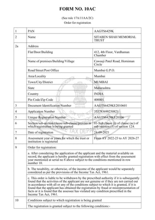 FORM NO. 10AC
(See rule 17A/11AA/2C)
Order for registration
1 PAN AAGTS6429K
2 Name SITABEN SHAH MEMORIAL
TRUST
2a Address
Flat/Door/Building 412, 4th Floor, Vardhaman
Chamber
Name of premises/Building/Village Cawasji Patel Road, Horniman
Circle
Road/Street/Post Office Mumbai G.P.O.
Area/Locality Mumbai
Town/City/District MUMBAI
State Maharashtra
Country INDIA
Pin Code/Zip Code 400001
3 Document Identification Number AAGTS6429KE2010601
4 Application Number 353783690250821
5 Unique Registration Number AAGTS6429KE20106
6 Section/sub-section/clause/sub-clause/proviso in
which registration is being granted
01-Sub clause (i) of clause (ac) of
sub -section (1) of section 12A
7 Date of registration 24-09-2021
8 Assessment year or years for which the trust or
institution is registered
From AY 2022-23 to AY 2026-27
9 Order for registration:
a. After considering the application of the applicant and the material available on
record, the applicant is hereby granted registration with effect from the assessment
year mentioned at serial no 8 above subject to the conditions mentioned in row
number 10.
b. The taxability, or otherwise, of the income of the applicant would be separately
considered as per the provisions of the Income Tax Act, 1961.
c. This order is liable to be withdrawn by the prescribed authority if it is subsequently
found that the activities of the applicant are not genuine or if they are not carried out
in accordance with all or any of the conditions subject to which it is granted, if it is
found that the applicant has obtained the registration by fraud or misrepresentation of
facts or it is found that the assessee has violated any condition prescribed in the
Income Tax Act, 1961.
10 Conditions subject to which registration is being granted
The registration is granted subject to the following conditions:-
 