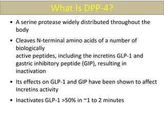 What Is DPP-4?
• A serine protease widely distributed throughout the
body
• Cleaves N-terminal amino acids of a number of
biologically
active peptides, including the incretins GLP-1 and
gastric inhibitory peptide (GIP), resulting in
inactivation
• Its effects on GLP-1 and GIP have been shown to affect
Incretins activity
• Inactivates GLP-1 >50% in ~1 to 2 minutes
Ahrën B. Curr Enzyme Inhib. 2005;1:65-73.
 
