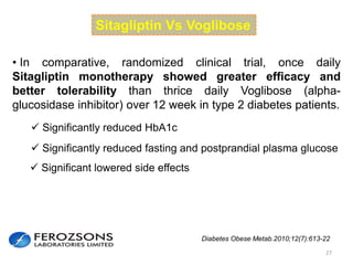 27
Sitagliptin Vs Voglibose
Diabetes Obese Metab.2010;12(7):613-22
• In comparative, randomized clinical trial, once daily
Sitagliptin monotherapy showed greater efficacy and
better tolerability than thrice daily Voglibose (alpha-
glucosidase inhibitor) over 12 week in type 2 diabetes patients.
 Significantly reduced HbA1c
 Significant lowered side effects
 Significantly reduced fasting and postprandial plasma glucose
 