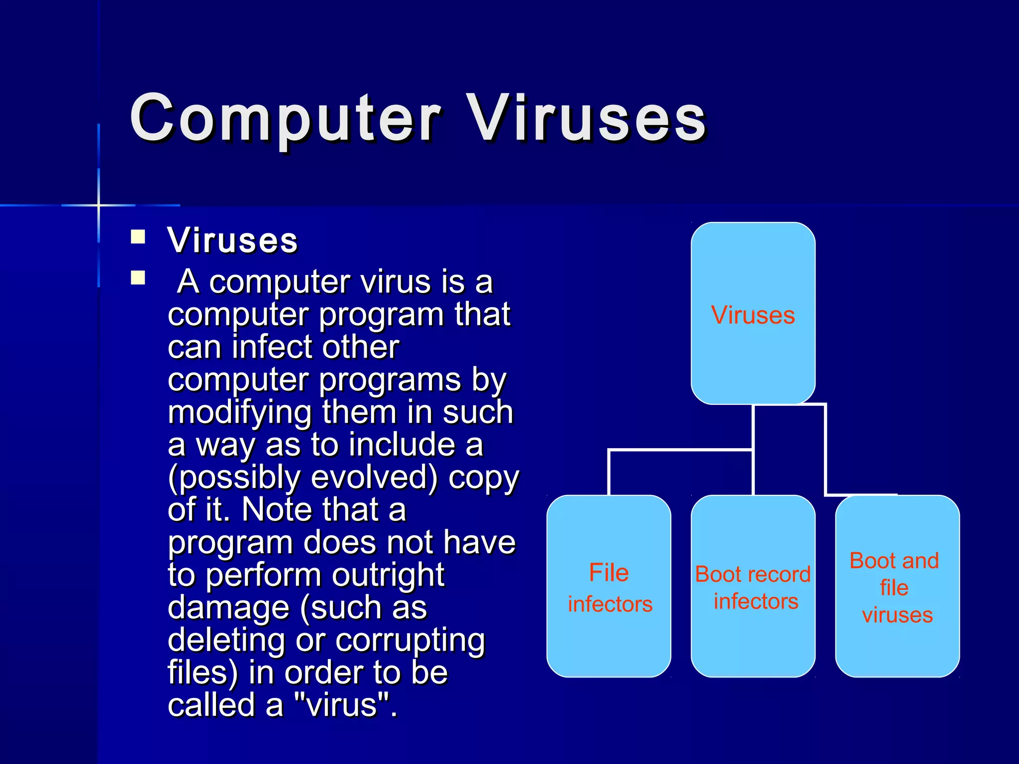Computer VirusesComputer Viruses
 VirusesViruses
 A computer virus is aA computer virus is a
computer program thatcomputer program that
can infect othercan infect other
computer programs bycomputer programs by
modifying them in suchmodifying them in such
a way as to include aa way as to include a
(possibly evolved) copy(possibly evolved) copy
of it. Note that aof it. Note that a
program does not haveprogram does not have
to perform outrightto perform outright
damage (such asdamage (such as
deleting or corruptingdeleting or corrupting
files) in order to befiles) in order to be
called a "virus".called a "virus".
Viruses
File
infectors
Boot record
infectors
Boot and
file
viruses
 