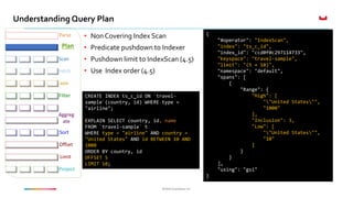 ©2016 Couchbase Inc.©2016 Couchbase Inc.
Understanding Query Plan
Fetch
Parse
Plan
Join
Filter
Offset
Limit
Project
Sort
Aggreg
ate
Scan
• NonCovering Index Scan
• Predicate pushdown to Indexer
• Pushdown limit to IndexScan (4.5)
• Use Index order (4.5)
CREATE INDEX ts_c_id ON `travel-
sample`(country, id) WHERE type =
"airline";
EXPLAIN SELECT country, id, name
FROM `travel-sample` t
WHERE type = "airline" AND country =
"United States" AND id BETWEEN 10 AND
1000
ORDER BY country, id
OFFSET 5
LIMIT 10;
{
"#operator": "IndexScan",
"index": "ts_c_id",
"index_id": "ccd0f0c297114733",
"keyspace": "travel-sample",
"limit": "(5 + 10)",
"namespace": "default",
"spans": [
{
"Range": {
"High": [
""United States"",
"1000"
],
"Inclusion": 3,
"Low": [
""United States"",
"10"
]
}
}
],
"using": "gsi"
}
 
