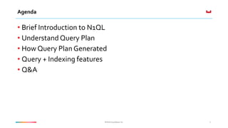 ©2016 Couchbase Inc.©2016 Couchbase Inc.
Agenda
• Brief Introduction to N1QL
• Understand Query Plan
• How Query Plan Generated
• Query + Indexing features
• Q&A
2
 