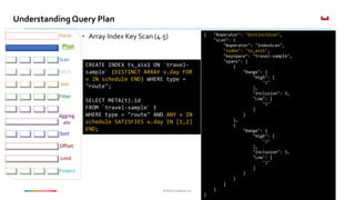 ©2016 Couchbase Inc.©2016 Couchbase Inc.
Understanding Query Plan
Fetch
Parse
Plan
Join
Filter
Offset
Limit
Project
Sort
Aggreg
ate
Scan
• Array Index Key Scan (4.5)
CREATE INDEX ts_aix1 ON `travel-
sample` (DISTINCT ARRAY v.day FOR
v IN schedule END) WHERE type =
"route";
SELECT META(t).id
FROM `travel-sample` t
WHERE type = "route" AND ANY v IN
schedule SATISFIES v.day IN [1,2]
END;
{ "#operator": "DistinctScan",
"scan": {
"#operator": "IndexScan",
"index": "ts_aix1",
"keyspace": "travel-sample",
"spans": [
{
"Range": {
"High": [
"1"
],
"Inclusion": 3,
"Low": [
"1"
]
}
},
{
"Range": {
"High": [
"2"
],
"Inclusion": 3,
"Low": [
"2"
]
}
}
]
}
}
 