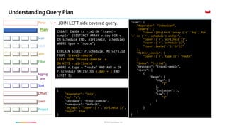 ©2016 Couchbase Inc.©2016 Couchbase Inc.
Understanding Query Plan
Fetch
Parse
Plan
Join
Filter
Offset
Limit
Project
Sort
Aggreg
ate
Scan
• JOIN LEFT side covered query.
CREATE INDEX ts_rix1 ON `travel-
sample` (DISTINCT ARRAY v.day FOR v
IN schedule END, airlineid, schedule)
WHERE type = "route";
EXPLAIN SELECT r.schedule, META(r).id
FROM `travel-sample` r
LEFT JOIN `travel-sample` a
ON KEYS r.airlineid
WHERE r.type = "route" AND ANY v IN
r.schedule SATISFIES v.day = 1 END
LIMIT 1;
"scan": {
"#operator": "IndexScan",
"covers": [
"cover ((distinct (array (`v`.`day`) for
`v` in (`r`.`schedule`) end)))",
"cover ((`r`.`airlineid`))",
"cover ((`r`.`schedule`))",
"cover ((meta(`r`).`id`))"
],
"filter_covers": {
"cover ((`r`.`type`))": "route"
}
"index": "ts_rix1",
"keyspace": "travel-sample",
"spans": [
{
"Range": {
"High": [
"1"
],
"Inclusion": 3,
"Low": [
"1"
]
}
}
]
}
{
"#operator": "Join",
"as": "a",
"keyspace": "travel-sample",
"namespace": "default",
"on_keys": ”cover ((`r`.`airlineid`))",
"outer": true
}
 