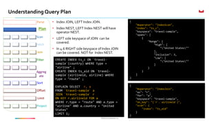 ©2016 Couchbase Inc.©2016 Couchbase Inc.
Understanding Query Plan
Fetch
Parse
Plan
Join
Filter
Offset
Limit
Project
Sort
Aggreg
ate
Scan
• Index JOIN, LEFT Index JOIN.
• Index NEST, LEFT Index NEST will have
operator NEST.
• LEFT side keyspace of JOIN can be
covered.
• In 4.6 RIGHT side keyspace of Index JOIN
can be covered. NOT for Index NEST.
CREATE INDEX ts_c ON `travel-
sample`(country) WHERE type =
"airline" ;
CREATE INDEX ts_aid ON `travel-
sample`(airlineid, airline) WHERE
type = "route" ;
EXPLAIN SELECT r, a
FROM `travel-sample` a
JOIN `travel-sample` r
ON KEY r.airlineid FOR a
WHERE r.type = "route" AND a.type =
"airline" AND a.country = "United
States"
LIMIT 1;
{
"#operator": "IndexScan",
"index": "ts_c",
"keyspace": "travel-sample",
"spans": [
{
"Range": {
"High": [
""United States""
],
"Inclusion": 3,
"Low": [
""United States""
]
}
}
]
}
{
"#operator": "IndexJoin",
"as": "r",
"for": "a",
"keyspace": "travel-sample",
"on_key": "(`r`.`airlineid`)",
"scan": {
"index": "ts_aid"
}
}
 