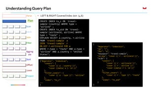 ©2016 Couchbase Inc.©2016 Couchbase Inc.
Understanding Query Plan
Fetch
Parse
Plan
Join
Filter
Offset
Limit
Project
Sort
Aggreg
ate
Scan
• LEFT & RIGHT Covered Index Join (4.6)
CREATE INDEX ts_c ON `travel-
sample`(country) WHERE type =
"airline" ;
CREATE INDEX ts_aid ON `travel-
sample`(airlineid, airline) WHERE
type = "route" ;
EXPLAIN SELECT a.country, r.airline
FROM `travel-sample` a
JOIN `travel-sample` r
ON KEY r.airlineid FOR a
WHERE r.type = "route" AND a.type =
"airline" AND a.country = "United
States";
{"#operator": "IndexScan",
"covers": [
"cover ((`a`.`country`))",
"cover ((meta(`a`).`id`))"
],
"filter_covers": {
"cover ((`a`.`type`))": "airline"
},
"index": "ts_c”
………
}
{
"#operator": "IndexJoin",
"as": "r",
"for": "a",
"keyspace": "travel-sample",
"on_key": "cover ((`r`.`airlineid`))",
"scan": {
"covers": [
"cover ((`r`.`airlineid`))",
"cover ((`r`.`airline`))",
"cover ((meta(`r`).`id`))"
],
"filter_covers": {
"cover ((`r`.`type`))": "route"
},
"index": "ts_aid"
}
}
 