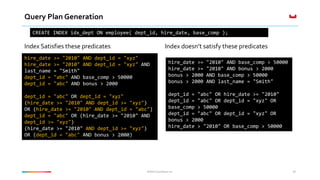 ©2016 Couchbase Inc. 39
Query Plan Generation
Index Satisfies these predicates Index doesn’t satisfy these predicates
CREATE INDEX idx_dept ON employee( dept_id, hire_date, base_comp );
hire_date >= "2010" AND dept_id = "xyz"
hire_date >= "2010" AND dept_id = "xyz" AND
last_name = "Smith"
dept_id = "abc" AND base_comp > 50000
dept_id = "abc" AND bonus > 2000
dept_id = "abc" OR dept_id = "xyz"
(hire_date >= "2010" AND dept_id >= "xyz")
OR (hire_date >= "2010" AND dept_id = "abc")
dept_id = "abc" OR (hire_date >= "2010" AND
dept_id >= "xyz")
(hire_date >= "2010" AND dept_id >= "xyz")
OR (dept_id = "abc" AND bonus > 2000)
hire_date >= "2010" AND base_comp > 50000
hire_date >= "2010" AND bonus > 2000
bonus > 2000 AND base_comp > 50000
bonus > 2000 AND last_name = "Smith"
dept_id = "abc" OR hire_date >= "2010"
dept_id = "abc" OR dept_id = "xyz" OR
base_comp > 50000
dept_id = "abc" OR dept_id = "xyz" OR
bonus > 2000
hire_date > "2010" OR base_comp > 50000
 
