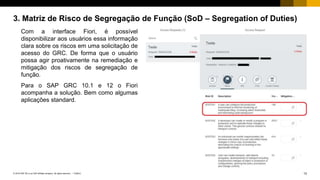 13PUBLIC© 2018 SAP SE or an SAP affiliate company. All rights reserved. ǀ
3. Matriz de Risco de Segregação de Função (SoD – Segregation of Duties)
Com a interface Fiori, é possível
disponibilizar aos usuários essa informação
clara sobre os riscos em uma solicitação de
acesso do GRC. De forma que o usuário
possa agir proativamente na remediação e
mitigação dos riscos de segregação de
função.
Para o SAP GRC 10.1 e 12 o Fiori
acompanha a solução. Bem como algumas
aplicações standard.
 