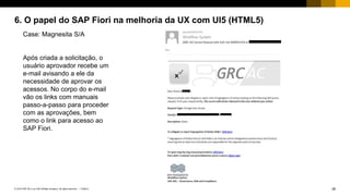 28PUBLIC© 2018 SAP SE or an SAP affiliate company. All rights reserved. ǀ
6. O papel do SAP Fiori na melhoria da UX com UI5 (HTML5)
Case: Magnesita S/A
Após criada a solicitação, o
usuário aprovador recebe um
e-mail avisando a ele da
necessidade de aprovar os
acessos. No corpo do e-mail
vão os links com manuais
passo-a-passo para proceder
com as aprovações, bem
como o link para acesso ao
SAP Fiori.
 