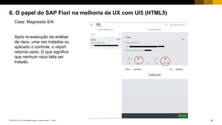 34PUBLIC© 2018 SAP SE or an SAP affiliate company. All rights reserved. ǀ
6. O papel do SAP Fiori na melhoria da UX com UI5 (HTML5)
Case: Magnesita S/A
Após re-execução da análise
de risco, uma vez tratados ou
aplicado o controle, o report
retorna vazio. O que significa
que nenhum risco falta ser
tratado.
 