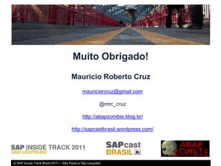 Muito Obrigado!
                                     Mauricio Roberto Cruz
                                            mauriciorcruz@gmail.com

                                                       @mrc_cruz

                                            http://abapzombie.blog.br/

                                     http://sapcastbrasil.wordpress.com/




© SAP Inside Track Brazil 2011 – São Paulo e São Leopoldo
 