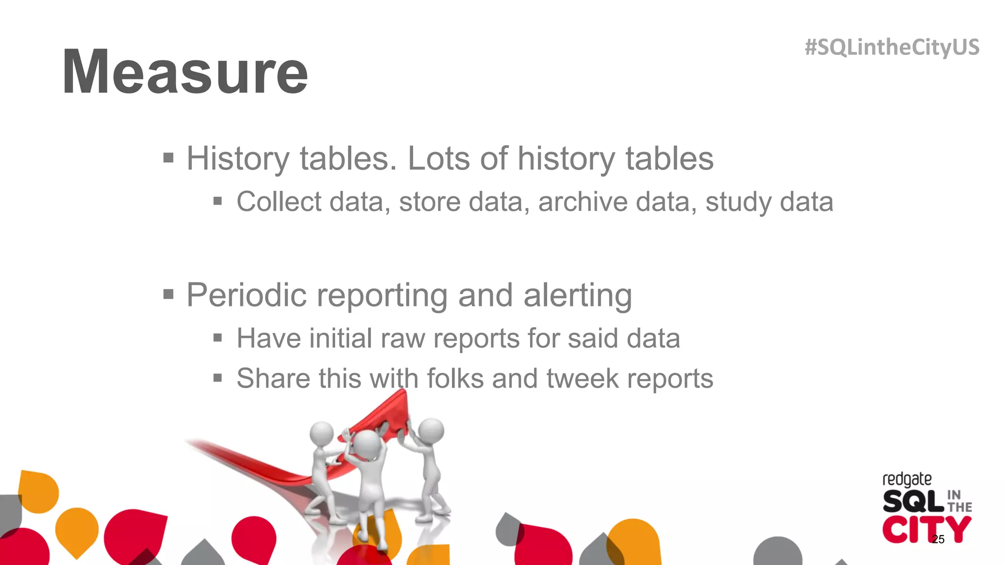Measure
 History tables. Lots of history tables
 Collect data, store data, archive data, study data
 Periodic reporting and alerting
 Have initial raw reports for said data
 Share this with folks and tweek reports
25
#SQLintheCityUS
 