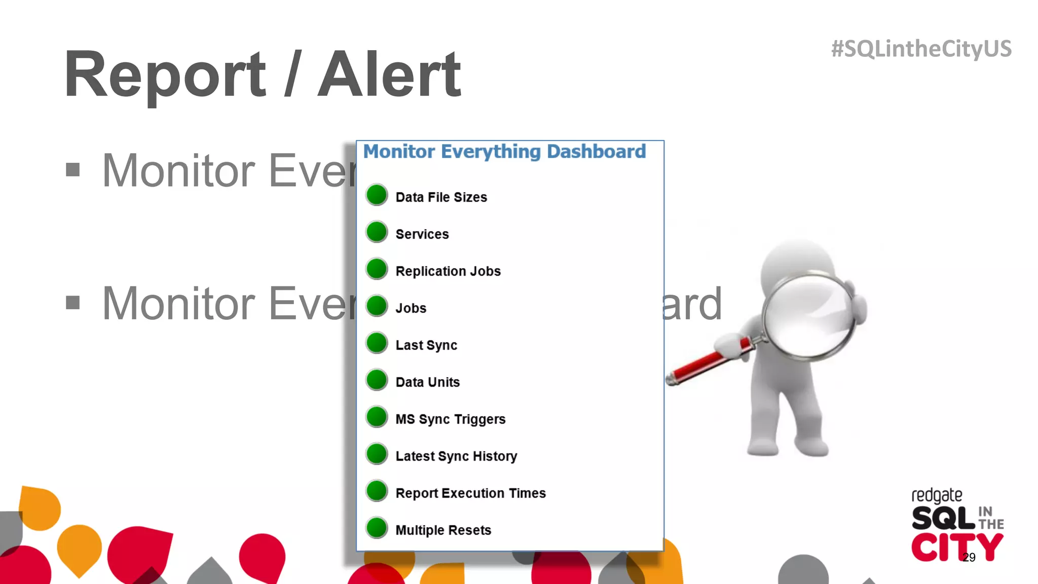 Report / Alert
 Monitor Everything email
 Monitor Everything Dashboard
29
#SQLintheCityUS
 