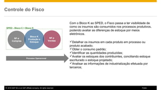 © 2016 SAP SE or an SAP affiliate company. All rights reserved. 8Public
Controle do Fisco
Com o Bloco K ao SPED, o Fisco passa a ter visibilidade de
como os insumos são consumidos nos processos produtivos,
podendo avaliar as diferenças de estoque por meios
eletrônicos.
Detalhar os insumos em cada produto em processo ou
produto acabado;
Obter o consumo padrão;
Identificar as quantidades produzidas;
Avaliar os estoques dos contribuintes, conciliando estoque
escriturado x estoque projetado;
Analisar as informações de industrialização efetuada por
terceiros;
 