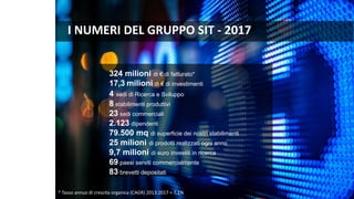 324 milioni di € di fatturato*
17,3 milioni di € di investimenti
4 sedi di Ricerca e Sviluppo
8 stabilimenti produttivi
23 sedi commerciali
2.123 dipendenti
79.500 mq di superficie dei nostri stabilimenti
25 milioni di prodotti realizzati ogni anno
9,7 milioni di euro investiti in ricerca
69 paesi serviti commercialmente
83 brevetti depositati
I NUMERI DEL GRUPPO SIT - 2017
* Tasso annuo di crescita organica (CAGR) 2013:2017 = 7,1%
 