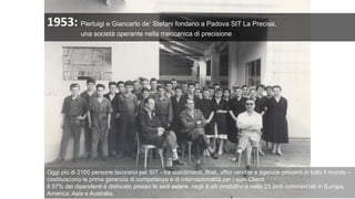 1953: Pierluigi e Giancarlo de’ Stefani fondano a Padova SIT La Precisa,
una società operante nella meccanica di precisione
Oggi più di 2100 persone lavorano per SIT - tra stabilimenti, filiali, uffici vendite e agenzie presenti in tutto il mondo -
costituiscono la prima garanzia di competenza e di internazionalità per i suoi Clienti.
Il 57% dei dipendenti è dislocato presso le sedi estere, negli 8 siti produttivi e nelle 23 sedi commerciali in Europa,
America, Asia e Australia.
 