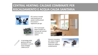 Soluzioni innovative
per sistemi integrati
assemblati e pre-
testati per caldaie a
condensazione
SIT è prima al mondo
nella produzione di
valvole multifunzionali
di sicurezza e
regolazione per gas
SIT è il principale
player europeo sul
mercato dei controlli
elettronici non
captive
La tecnologia della
gestione dell'aria
(ventilatori e scarichi
fumi) completa
l'offerta di SIT
CENTRAL HEATING: CALDAIE COMBINATE PER
RISCALDAMENTO E ACQUA CALDA SANITARIA
 