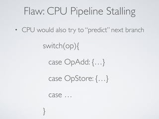 Flaw: CPU Pipeline Stalling
switch(op){
case OpAdd: {…}
case OpStore: {…}
case …
}
• CPU would also try to “predict” next branch
 