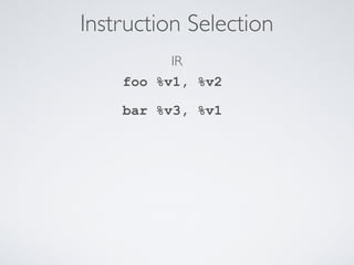 Instruction Selection
foo %v1, %v2
bar %v3, %v1
IR
 