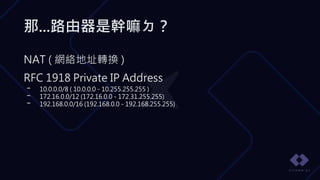 那...路由器是幹嘛ㄉ？
NAT ( 網絡地址轉換 )
RFC 1918 Private IP Address
- 10.0.0.0/8 ( 10.0.0.0 - 10.255.255.255 )
- 172.16.0.0/12 (172.16.0.0 - 172.31.255.255)
- 192.168.0.0/16 (192.168.0.0 - 192.168.255.255)
 