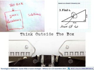 Guardare oltre lo schermo
Tecnologia e Addiction: nuove sfide e nuove strategie – Milano 12 e 13 novembre 2015
 