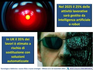 Nel 2025 il 25% delle
attività lavorative
sarà gestito da
intelligenza artificiale
o robot
In UK il 35% dei
lavori è stimato a
rischio di
sostituzione con
soluzioni
automatizzate
Tecnologia e Addiction: nuove sfide e nuove strategie – Milano 12 e 13 novembre 2015
 