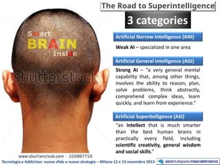 3 categories
Artificial Narrow Intelligence (ANI)
Artificial General Intelligence (AGI)
Artificial Superitelligence (ASI)
Weak AI – specialized in one area
Strong AI – “a very general mental
capability that, among other things,
involves the ability to reason, plan,
solve problems, think abstractly,
comprehend complex ideas, learn
quickly, and learn from experience.”
“an intellect that is much smarter
than the best human brains in
practically every field, including
scientific creativity, general wisdom
and social skills.”
Tecnologia e Addiction: nuove sfide e nuove strategie – Milano 12 e 13 novembre 2015
 