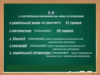 9- Б
      ( з поглибленим вивченням укр. мови та літератури)

з української мови за (диктант)          31 травня

з математики (письмово)            04 червня

з біології (письмово) (дата проведення визначається
                            навчальним закладом).
з географії (письмово) (дата проведення визначається
                                навчальним закладом).
з української літератури (письмово)           (дата проведення
                           визначається навчальним закладом).
 