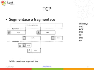 TCP 
• Segmentace a fragmentace 
http://lynt.cz 
Příznaky: 
URG 
ACK 
PSH 
RST 
SYN 
FIN 
MSS – maximum segment size 
17. 10. 2014 13 
 