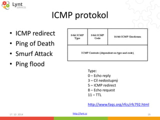 ICMP protokol 
http://lynt.cz 
• ICMP redirect 
• Ping of Death 
• Smurf Attack 
• Ping flood 
Type: 
0 – Echo reply 
3 – Cíl nedostupný 
5 – ICMP redirect 
8 – Echo request 
11 – TTL 
http://www.faqs.org/rfcs/rfc792.html 
17. 10. 2014 19 
 