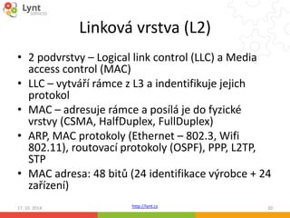 Linková vrstva (L2) 
• 2 podvrstvy – Logical link control (LLC) a Media 
access control (MAC) 
• LLC – vytváří rámce z L3 a indentifikuje jejich 
protokol 
• MAC – adresuje rámce a posílá je do fyzické 
vrstvy (CSMA, HalfDuplex, FullDuplex) 
• ARP, MAC protokoly (Ethernet – 802.3, Wifi 
802.11), routovací protokoly (OSPF), PPP, L2TP, 
STP 
• MAC adresa: 48 bitů (24 identifikace výrobce + 24 
zařízení) 
http://lynt.cz 
17. 10. 2014 20 
 