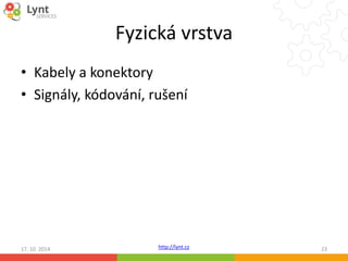Fyzická vrstva 
• Kabely a konektory 
• Signály, kódování, rušení 
http://lynt.cz 
17. 10. 2014 23 
 