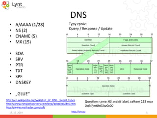 DNS 
Typy zpráv: 
Query / Response / Update 
http://en.wikipedia.org/wiki/List_of_DNS_record_types 
http://www.networksorcery.com/enp/protocol/dns.htm 
http://www.mailradar.com/spf/ 
Question name: 63 znaků label, celkem 253 max 
0x04lynt0x03cz0x00 
http://lynt.cz 
• A/AAAA (1/28) 
• NS (2) 
• CNAME (5) 
• MX (15) 
• SOA 
• SRV 
• PTR 
• TXT 
• SPF 
• DNSKEY 
• „GLUE“ 
17. 10. 2014 5 
 