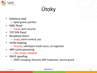 Útoky 
http://lynt.cz 
• Kabelový útok 
– bpdu guard, portfast 
• MAC flood 
– macof, port security 
• TCP SYN flood 
• Broadcast storm 
– Scapy, storm control, psp 
• VLAN hopping 
– Yersinia, switchport mode acces, no negotiate 
• ARP cache poisonnig 
– Cain, Scapy, arpspoof 
• DHCP spoofing 
– DHCP snooping, Dynamic ARP inspection, Source guard 
17. 10. 2014 58 
 