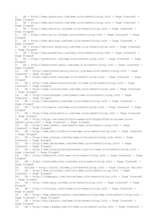 1. OK - http://www.quantcast.com/www.site-advertising.info - Page Created! -
Page Pinged!
2. OK - http://www.builtwith.com/www.site-advertising.info - Page Created! -
Page Pinged!
3. OK - http://www.aboutus.org/www.site-advertising.info - Page Created! -
Page Pinged!
4. OK - http://whoisx.co.uk/www.site-advertising.info - Page Created! - Page
Pinged!
5. OK - http://www.whoisya.com/www.site-advertising.info - Page Created! -
Page Pinged!
6. OK - http://dntrace.keyhints.com/www.site-advertising.info - Page Created!
- Page Pinged!
7. OK - http://www.peekstats.com/www.site-advertising.info - Page Created! -
Page Pinged!
8. OK - http://peekstats.com/www.site-advertising.info - Page Created! - Page
Pinged!
9. OK - http://websitevaluebot.com/www.site-advertising.info - Page Created! -
Page Pinged!
10. OK - http://websitevaluecalculator.org/www.site-advertising.info - Page
Created! - Page Pinged!
11. OK - http://georanks.com/www.site-advertising.info - Page Created! - Page
Pinged!
12. OK - http://www.websiteaccountant.nl/www.site-advertising.info - Page
Created! - Page Pinged!
13. OK - http://www.talkreviews.com/www.site-advertising.info - Page Created!
- Page Pinged!
14. OK - http://boardreader.com/domain/www.site-advertising.info - Page
Created! - Page Pinged!
15. OK - http://dataopedia.com/www.site-advertising.info - Page Created! -
Page Pinged!
16. OK - http://stimator.com/www.site-advertising.info - Page Created! - Page
Pinged!
17. OK - http://www.statsaholic.com/www.site-advertising.info - Page Created!
- Page Pinged!
18. OK - http://digg.com/search?sort=newest&fltdigg=o50&s=site:www.site-
advertising.info - Page Created! - Page Pinged!
19. OK - http://www.reddit.com/domain/www.site-advertising.info - Page
Created! - Page Pinged!
20. OK - http://www.who.is/whois-com/www.site-advertising.info - Page Created!
- Page Pinged!
21. OK - http://www.robtex.com/dns/www.site-advertising.info.html - Page
Created! - Page Pinged!
22. OK - http://www.markosweb.com/www/www.site-advertising.info/ - Page
Created! - Page Pinged!
23. OK - http://www.transformingfreedom.org/?url=www.site-advertising.info -
Page Created! - Page Pinged!
24. OK - http://webworth.info/www.site-advertising.info - Page Created! - Page
Pinged!
25. OK - http://statswebsites.com/www.site-advertising.info - Page Created! -
Page Pinged!
26. Failed - http://worth.im/www.site-advertising.info - Page Creation Failed!
27. OK - http://www.sitonomy.com/?url=www.site-advertising.info - Page
Created! - Page Pinged!
28. OK - http://judgespot.com/review/www.site-advertising.info - Page Created!
- Page Pinged!
29. OK - http://www.myip.cn/www.site-advertising.info - Page Created! - Page
Pinged!
30. OK - http://sitelogr.com/s/www.site-advertising.info - Page Created! -
Page Pinged!
31. OK - http://www.domaincrawler.com/domains/view/www.site-advertising.info -
Page Created! - Page Pinged!
32. OK - http://buildstats.com/www.site-advertising.info - Page Created! -
Page Pinged!
33. OK - http://www.radabg.com/url/www.site-advertising.info - Page Created! -
 