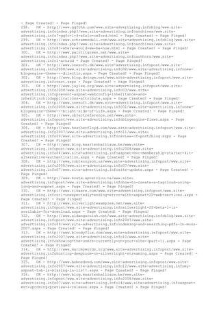 - Page Created! - Page Pinged!
298. OK - http://www.ggfchk.com/www.site-advertising.infoblog/www.site-
advertising.infoindex.php?/www.site-advertising.infoarchives/www.site-
advertising.info7-ggfc-1-4-sfalo-oxford.html - Page Created! - Page Pinged!
299. OK - http://www.schrammsdeli.com/www.site-advertising.infoblog/www.site-
advertising.infoindex.php?/www.site-advertising.infoarchives/www.site-
advertising.info83-where-would-we-be-now.html - Page Created! - Page Pinged!
300. OK - http://www.paintitgreen.net/www.site-
advertising.infoindex.php?/www.site-advertising.infoauthors/www.site-
advertising.info1-arnaud - Page Created! - Page Pinged!
301. OK - http://www.onesoft.dk/www.site-advertising.infopost/www.site-
advertising.info2008/www.site-advertising.info02/www.site-advertising.infonew-
blogengine-theme---dilectio.aspx - Page Created! - Page Pinged!
302. OK - http://www.blog.dvinge.net/www.site-advertising.infopost/www.site-
advertising.infotest.aspx - Page Created! - Page Pinged!
303. OK - http://www.jaylee.org/www.site-advertising.infopost/www.site-
advertising.info2008/www.site-advertising.info03/www.site-
advertising.infoprevent-aspnet-webconfig-inheritance-and-
inheritinchildapplications-attribute.aspx - Page Created! - Page Pinged!
304. OK - http://www.onesoft.dk/www.site-advertising.infopost/www.site-
advertising.info2008/www.site-advertising.info01/www.site-advertising.infonew-
blogengine-theme---bright-side-of-life.aspx - Page Created! - Page Pinged!
305. OK - http://www.objectreference.net/www.site-
advertising.infopost/www.site-advertising.infoblogengine-flaws.aspx - Page
Created! - Page Pinged!
306. OK - http://www.heatherfloyd.com/www.site-advertising.infopost/www.site-
advertising.info2007/www.site-advertising.info11/www.site-
advertising.info09/www.site-advertising.inforeview-of-post2blog.aspx - Page
Created! - Page Pinged!
307. OK - http://www.blog.maartenballiauw.be/www.site-
advertising.infopost/www.site-advertising.info2008/www.site-
advertising.info04/www.site-advertising.infoaspnet-mvc-membership-starter-kit-
alternative-authentication.aspx - Page Created! - Page Pinged!
308. OK - http://www.robtennyson.us/www.site-advertising.infopost/www.site-
advertising.info2008/www.site-advertising.info07/www.site-
advertising.info07/www.site-advertising.infosite-update.aspx - Page Created! -
Page Pinged!
309. OK - http://www.kosta.apostolou.ca/www.site-
advertising.infopost/www.site-advertising.infohow-to-create-a-tagcloud-using-
linq-and-aspnet.aspx - Page Created! - Page Pinged!
310. OK - http://www.rikware.com/www.site-advertising.infopost/www.site-
advertising.infourl-unexpectedly-ending-error-with-aspnet-20-web-services.aspx -
Page Created! - Page Pinged!
311. OK - http://www.silverlightexamples.net/www.site-
advertising.infopost/www.site-advertising.infosilverlight-20-beta-1-is-
available-for-download.aspx - Page Created! - Page Pinged!
312. OK - http://www.aidangarnish.net/www.site-advertising.infoblog/www.site-
advertising.infopost/www.site-advertising.info2007/www.site-
advertising.info09/www.site-advertising.infoindexing-and-searching-pdfs-in-moss-
2007.aspx - Page Created! - Page Pinged!
313. OK - http://www.bloodyflux.com/www.site-advertising.infopost/www.site-
advertising.info2007/www.site-advertising.info10/www.site-
advertising.infoshowing-the-users-currently-on-your-site-(part-1).aspx - Page
Created! - Page Pinged!
314. OK - http://www.marcmywords.org/www.site-advertising.infopost/www.site-
advertising.infohosting-deepzoom-on-silverlight-streaming.aspx - Page Created! -
Page Pinged!
315. OK - http://www.bobnedved.com/www.site-advertising.infopost/www.site-
advertising.info2007/www.site-advertising.info12/www.site-advertising.infomy-
aspnet-tab-is-missing-in-iis!!.aspx - Page Created! - Page Pinged!
316. OK - http://www.blog.maartenballiauw.be/www.site-
advertising.infopost/www.site-advertising.info2008/www.site-
advertising.info07/www.site-advertising.info14/www.site-advertising.infoaspnet-
mvc-upcoming-preview-4-release.aspx - Page Created! - Page Pinged!
 