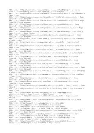 940. OK - http://webmenchhosting.com/joshkollin/link.cfm?page=http://www.
$www.site-advertising.info/ - Page Created! - Page Pinged!
941. OK - http://websiteshadow.com/www.site-advertising.info - Page Created! -
Page Pinged!
942. OK - http://websiteshadow.com/angelfire.www.site-advertising.info - Page
Created! - Page Pinged!
943. OK - http://websiteshadow.com/ax.itunes.www.site-advertising.info - Page
Created! - Page Pinged!
944. OK - http://websiteshadow.com/free-www.site-advertising.info - Page
Created! - Page Pinged!
945. OK - http://websiteshadow.com/projects.www.site-advertising.info - Page
Created! - Page Pinged!
946. OK - http://websiteshadow.com/searchservice.www.site-advertising.info -
Page Created! - Page Pinged!
947. OK - http://websiteshadow.com/tripod.www.site-advertising.info - Page
Created! - Page Pinged!
948. OK - http://who.is/whois/www.$www.site-advertising.info/ - Page Created!
- Page Pinged!
949. OK - http://who-hosts.com/www.site-advertising.info - Page Created! -
Page Pinged!
950. OK - http://who-hosts.com/www.site-advertising.info - Page Created! -
Page Pinged!
951. OK - http://whois.chinawebtools.com/www.site-advertising.info - Page
Created! - Page Pinged!
952. OK - http://whois.chinaz.com/www.site-advertising.info - Page Created! -
Page Pinged!
953. OK - http://whois.chinaz.com/labs.www.site-advertising.info - Page
Created! - Page Pinged!
954. OK - http://whois.chinaz.com/news.www.site-advertising.info - Page
Created! - Page Pinged!
955. OK - http://whois.gwebtools.com.br/www.site-advertising.info - Page
Created! - Page Pinged!
956. OK - http://whois.gwebtools.com.br/mommy-www.site-advertising.info - Page
Created! - Page Pinged!
957. OK - http://whois.gwebtools.com/www.site-advertising.info - Page Created!
- Page Pinged!
958. OK - http://whois.gwebtools.de/www.site-advertising.info - Page Created!
- Page Pinged!
959. OK - http://whois.jcsearch.com/?q=www.site-advertising.info - Page
Created! - Page Pinged!
960. OK - http://whois.webhosting.info/www.site-advertising.info - Page
Created! - Page Pinged!
961. OK - http://whoisx.co.uk/www.site-advertising.info - Page Created! - Page
Pinged!
962. OK - http://wiclear.free.fr/?www.site-advertising.info - Page Created! -
Page Pinged!
963. OK - http://wiki.gnashdev.org/websites/http:/www.$www.site-
advertising.info/ - Page Created! - Page Pinged!
964. Failed - http://worth.im/www.site-advertising.info - Page Creation
Failed!
965. OK - http://www.114best.com/ip/114?w=www.site-advertising.info - Page
Created! - Page Pinged!
966. OK - http://www.29-95.com/music/story/www.$www.site-
advertising.info/djethos - Page Created! - Page Pinged!
967. OK - http://www.29-95.com/music/story/www.$www.site-
advertising.info/kiawitlxochitl - Page Created! - Page Pinged!
968. OK - http://www.33344.net/search.asp?keycode=www.site-advertising.info -
Page Created! - Page Pinged!
969. OK - http://www./report/0_seotool.asp?id=1484711&d=$www.site-
advertising.info&cp=+%c8%b7%b6%a8+ - Page Created! - Page Pinged!
970. OK - http://www./report/3_shi.asp?id=1&t=lailu&c=www.site-
advertising.info - Page Created! - Page Pinged!
971. OK - http://www.521yy.com/tools/baiducha/index.asp?wd=$www.site-
advertising.info&long=0 - Page Created! - Page Pinged!
 