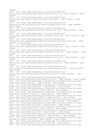 Pinged!
2319. OK - http://www.keywordspy.co.uk/overview/www.site-
advertising.info.aspx?q=login.www.site-advertising.info - Page Created! - Page
Pinged!
2320. OK - http://www.keywordspy.co.uk/overview/www.site-
advertising.info.aspx?q=m.www.site-advertising.info - Page Created! - Page
Pinged!
2321. OK - http://www.keywordspy.co.uk/overview/www.site-
advertising.info.aspx?q=machinist.www.site-advertising.info - Page Created! -
Page Pinged!
2322. OK - http://www.keywordspy.co.uk/overview/www.site-
advertising.info.aspx?q=mail.www.site-advertising.info - Page Created! - Page
Pinged!
2323. OK - http://www.keywordspy.co.uk/overview/www.site-
advertising.info.aspx?q=mobile.www.site-advertising.info - Page Created! - Page
Pinged!
2324. OK - http://www.keywordspy.co.uk/overview/www.site-
advertising.info.aspx?q=pamelaanderson.blogs.www.site-advertising.info - Page
Created! - Page Pinged!
2325. OK - http://www.keywordspy.co.uk/overview/www.site-
advertising.info.aspx?q=phobos.www.site-advertising.info - Page Created! - Page
Pinged!
2326. OK - http://www.keywordspy.co.uk/overview/www.site-
advertising.info.aspx?q=reviews.www.site-advertising.info - Page Created! - Page
Pinged!
2327. OK - http://www.keywordspy.co.uk/overview/www.site-
advertising.info.aspx?q=search.www.site-advertising.info - Page Created! - Page
Pinged!
2328. OK - http://www.keywordspy.co.uk/overview/www.site-
advertising.info.aspx?q=swdlp.www.site-advertising.info - Page Created! - Page
Pinged!
2329. OK - http://www.keywordspy.co.uk/overview/www.site-
advertising.info.aspx?q=theenvelope.www.site-advertising.info - Page Created! -
Page Pinged!
2330. OK - http://www.keywordspy.co.uk/overview/www.site-
advertising.info.aspx?q=tv.www.site-advertising.info - Page Created! - Page
Pinged!
2331. OK - http://www.keywordspy.co.uk/overview/www.site-
advertising.info.aspx?q=www.site-advertising.info - Page Created! - Page Pinged!
2332. OK - http://www.keywordspy.co.uk/ppc/www.site-advertising.info.aspx?
q=www.site-advertising.info - Page Created! - Page Pinged!
2333. OK - http://www.keywordspy.co.uk/ppc/www.site-advertising.info.aspx?
q=$www.site-advertising.info&m=uk - Page Created! - Page Pinged!
2334. OK - http://www.keywordspy.co.uk/ppc/www.site-advertising.info.aspx?
q=50.www.site-advertising.info - Page Created! - Page Pinged!
2335. OK - http://www.keywordspy.co.uk/ppc/www.site-advertising.info.aspx?
q=api.www.site-advertising.info - Page Created! - Page Pinged!
2336. OK - http://www.keywordspy.co.uk/ppc/www.site-advertising.info.aspx?
q=blog.$www.site-advertising.info&m=uk - Page Created! - Page Pinged!
2337. OK - http://www.keywordspy.co.uk/ppc/www.site-advertising.info.aspx?
q=hideaway.blogs.www.site-advertising.info - Page Created! - Page Pinged!
2338. OK - http://www.keywordspy.co.uk/ppc/www.site-advertising.info.aspx?
q=howto.www.site-advertising.info - Page Created! - Page Pinged!
2339. OK - http://www.keywordspy.co.uk/ppc/www.site-advertising.info.aspx?
q=kb.www.site-advertising.info - Page Created! - Page Pinged!
2340. OK - http://www.keywordspy.co.uk/ppc/www.site-advertising.info.aspx?
q=kuler.www.site-advertising.info - Page Created! - Page Pinged!
2341. OK - http://www.keywordspy.co.uk/ppc/www.site-advertising.info.aspx?
q=labs.$www.site-advertising.info&m=uk - Page Created! - Page Pinged!
2342. OK - http://www.keywordspy.co.uk/ppc/www.site-advertising.info.aspx?
q=m.www.site-advertising.info - Page Created! - Page Pinged!
2343. OK - http://www.keywordspy.co.uk/ppc/www.site-advertising.info.aspx?
q=mail.www.site-advertising.info - Page Created! - Page Pinged!
2344. OK - http://www.keywordspy.co.uk/ppc/www.site-advertising.info.aspx?
 