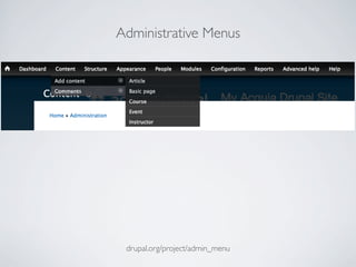 Administrative Menus
drupal.org/project/admin_menu
 