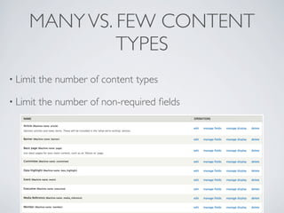 MANYVS. FEW CONTENT
TYPES
• Limit the number of content types
• Limit the number of non-required ﬁelds
 