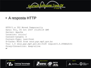 ●   A resposta HTTP

HTTP/1.x 302 Moved Temporarily
Date: Fri, 05 Oct 2007 15:29:19 GMT
Server: Apache
Location: inicio/
Content-Length: 0
Content-Type: text/html
X-Cache: MISS from zeus.pgr.mpf.gov.br
Via: 1.0 zeus.pgr.mpf.gov.br:3128 (squid/2.6.STABLE16)
Proxy-Connection: keep-alive
↵
 