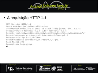 ●   A requisição HTTP 1.1
    GET /inicio/ HTTP/1.1
    Host: www.festivalsoftwarelivre.org
    User-Agent: Mozilla/5.0 (X11; U; Linux i686; pt-BR; rv:1.8.1.5)
    Gecko/20070718 Fedora/2.0.0.5-1.fc7 Firefox/2.0.0.5
    Accept: text/xml,application/xml,text/html,text/plain,image/png,*/*
    Accept-Language: pt-br,pt;q=0.8,en-us;q=0.5,en;q=0.3
    Accept-Encoding: gzip,deflate
    Accept-Charset: ISO-8859-1,utf-8;q=0.7,*;q=0.7
    Keep-Alive: 300
    Connection: keep-alive
    ↵
 