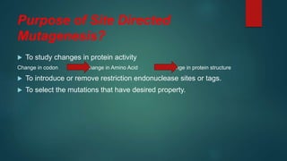 Purpose of Site Directed
Mutagenesis?
 To study changes in protein activity
Change in codon change in Amino Acid Change in protein structure
 To introduce or remove restriction endonuclease sites or tags.
 To select the mutations that have desired property.
 