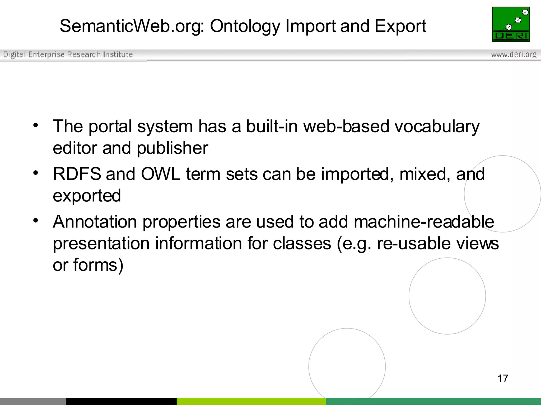 SemanticWeb.org: Ontology Import and Export The portal system has a built-in web-based vocabulary editor and publisher RDFS and OWL term sets can be imported, mixed, and exported Annotation properties are used to add machine-readable presentation information for classes (e.g. re-usable views or forms) 