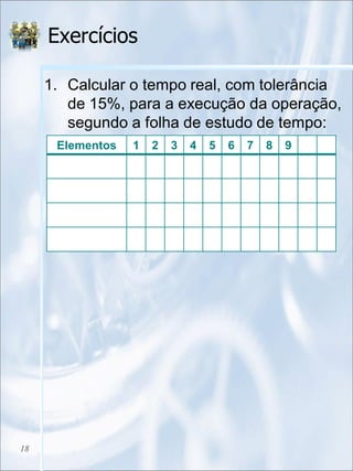 Exercícios
1. Calcular o tempo real, com tolerância
de 15%, para a execução da operação,
segundo a folha de estudo de tempo:
18
Elementos 1 2 3 4 5 6 7 8 9
 