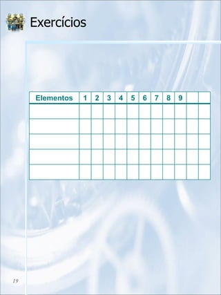 Exercícios
19
Elementos 1 2 3 4 5 6 7 8 9
 