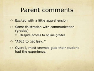 Parent comments 
Excited with a little apprehension 
Some frustration with communication 
(grades) 
Despite access to online grades 
“ABLE to get lazy…” 
Overall, most seemed glad their student 
had the experience. 
 