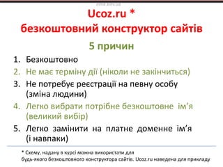 Ucoz.ru *
безкоштовний конструктор сайтів
5 причин
1. Безкоштовно
2. Не має терміну дії (ніколи не закінчиться)
3. Не потребує реєстрації на певну особу
(зміна людини)
4. Легко вибрати потрібне безкоштовне ім’я
(великий вибір)
5. Легко замінити на платне доменне ім’я
(і навпаки)
elnik.kiev.ua
* Схему, надану в курсі можна використати для
будь-якого безкоштовного конструктора сайтів. Ucoz.ru наведена для прикладу
 