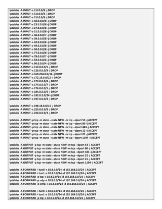 iptables -A INPUT -s 2.0.0.0/8 -j DROP
iptables -A INPUT -s 5.0.0.0/8 -j DROP
iptables -A INPUT -s 7.0.0.0/8 -j DROP
iptables -A INPUT -s 10.0.0.0/8 -j DROP
iptables -A INPUT -s 23.0.0.0/8 -j DROP
iptables -A INPUT -s 27.0.0.0/8 -j DROP
iptables -A INPUT -s 31.0.0.0/8 -j DROP
iptables -A INPUT -s 36.0.0.0/7 -j DROP
iptables -A INPUT -s 39.0.0.0/8 -j DROP
iptables -A INPUT -s 42.0.0.0/8 -j DROP
iptables -A INPUT -s 49.0.0.0/8 -j DROP
iptables -A INPUT -s 50.0.0.0/8 -j DROP
iptables -A INPUT -s 77.0.0.0/8 -j DROP
iptables -A INPUT -s 78.0.0.0/7 -j DROP
iptables -A INPUT -s 92.0.0.0/6 -j DROP
iptables -A INPUT -s 96.0.0.0/4 -j DROP
iptables -A INPUT -s 112.0.0.0/5 -j DROP
iptables -A INPUT -s 120.0.0.0/8 -j DROP
iptables -A INPUT -s 169.254.0.0/16 -j DROP
iptables -A INPUT -s 172.16.0.0/12 -j DROP
iptables -A INPUT -s 173.0.0.0/8 -j DROP
iptables -A INPUT -s 174.0.0.0/7 -j DROP
iptables -A INPUT -s 176.0.0.0/5 -j DROP
iptables -A INPUT -s 184.0.0.0/6 -j DROP
iptables -A INPUT -s 192.0.2.0/24 -j DROP
iptables -A INPUT -s 197.0.0.0/8 -j DROP
iptables -A INPUT -s 198.18.0.0/15 -j DROP
iptables -A INPUT -s 223.0.0.0/8 -j DROP
iptables -A INPUT -s 224.0.0.0/3 -j DROP
iptables -A INPUT -p tcp -m state --state NEW -m tcp --dport 53 -j ACCEPT
iptables -A INPUT -p tcp -m state --state NEW -m tcp --dport 80 -j ACCEPT
iptables -A INPUT -p tcp -m state --state NEW -m tcp --dport 443 -j ACCEPT
iptables -A INPUT -p tcp -m state --state NEW -m tcp --dport 22 -j ACCEPT
iptables -A INPUT -p tcp -m state --state NEW -m tcp --dport 21 -j ACCEPT
iptables -A INPUT -p tcp -m state --state NEW -m tcp --dport 1194 -j ACCEPT
iptables -A OUTPUT -p tcp -m state --state NEW -m tcp --dport 53 -j ACCEPT
iptables -A OUTPUT -p tcp -m state --state NEW -m tcp --dport 80 -j ACCEPT
iptables -A OUTPUT -p tcp -m state --state NEW -m tcp --dport 443 -j ACCEPT
iptables -A OUTPUT -p tcp -m state --state NEW -m tcp --dport 22 -j ACCEPT
iptables -A OUTPUT -p tcp -m state --state NEW -m tcp --dport 21 -j ACCEPT
iptables -A OUTPUT -p tcp -m state --state NEW -m tcp --dport 1194 -j ACCEPT
iptables -A FORWARD -i tun0 -s 10.8.0.0/24 -d 192.168.0.0/24 -j ACCEPT
iptables -A FORWARD -i tun1 -s 10.8.0.0/24 -d 192.168.0.0/24 -j ACCEPT
iptables -A FORWARD -p tcp -s 10.8.0.0/24 -d 192.168.0.0/24 -j ACCEPT
iptables -A FORWARD -p udp -s 10.8.0.0/24 -d 192.168.0.0/24 -j ACCEPT
iptables -A FORWARD -p icmp -s 10.8.0.0/24 -d 192.168.0.0/24 -j ACCEPT
iptables -A FORWARD -i tun0 -s 10.0.0.0/24 -d 192.168.0.0/24 -j ACCEPT
iptables -A FORWARD -i tun1 -s 10.0.0.0/24 -d 192.168.0.0/24 -j ACCEPT
iptables -A FORWARD -p tcp -s 10.0.0.0/24 -d 192.168.0.0/24 -j ACCEPT
 